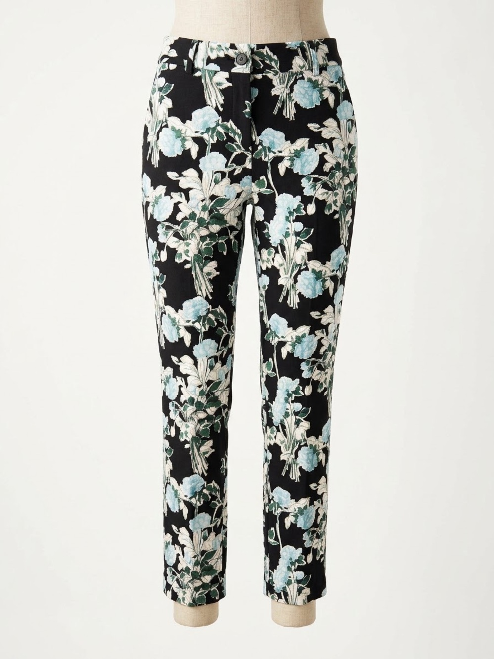 Floral Print Slim Ankle Pants - Black & Blue
